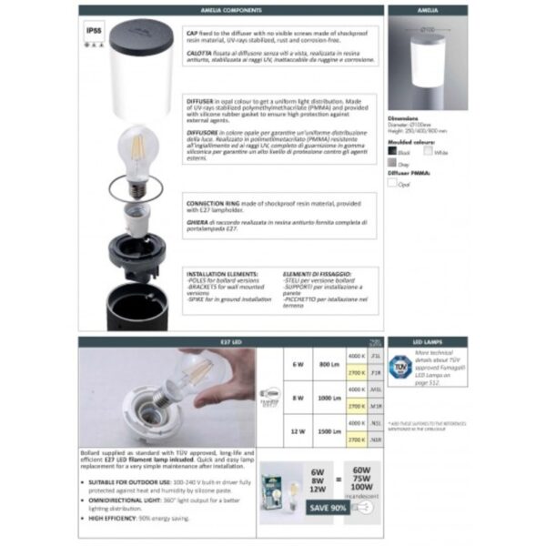 AMELIA ZIDNA LAMPA CRNA IP55 1xE27 LED FUMAGALLI - Image 2